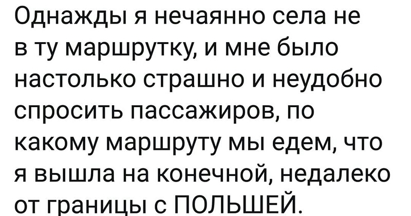 Однажды я нечаянно села не в ту маршрутку и мне было настолько страшно и неудобно спросить пассажиров по какому маршруту мы едем что я вышла на конечной недалеко от границы с ПОЛЬШЕЙ