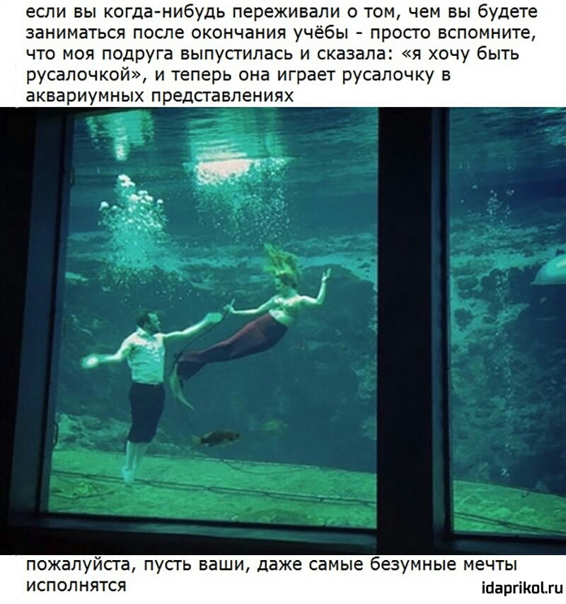 если вы кота нибудь переживали о том чем вы будете заниматься после окончания учёбы просто вспомните что моя подруга выпустилась и сказала я хочу быть русалочкой и теперь она играет русалочку в аквариумных представлениях пожалу исполнятся СГЬ ваши даже самые безумные МЕЧТЫ ісіаргіКпі