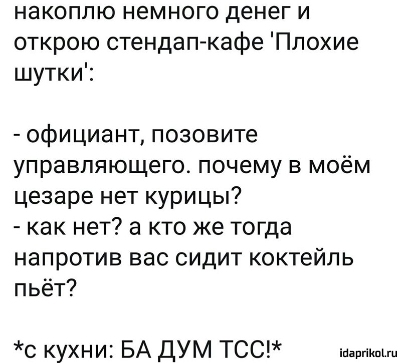 накоплю немного денег и открою стендап кафе Плохие шутки официант позовите управляющего почему в моём цезаре нет курицы как нет а кто же тогда напротив вас сидит коктейль пьёт С КУХНИ БА ДУМ ТСС ійаргіКпіш