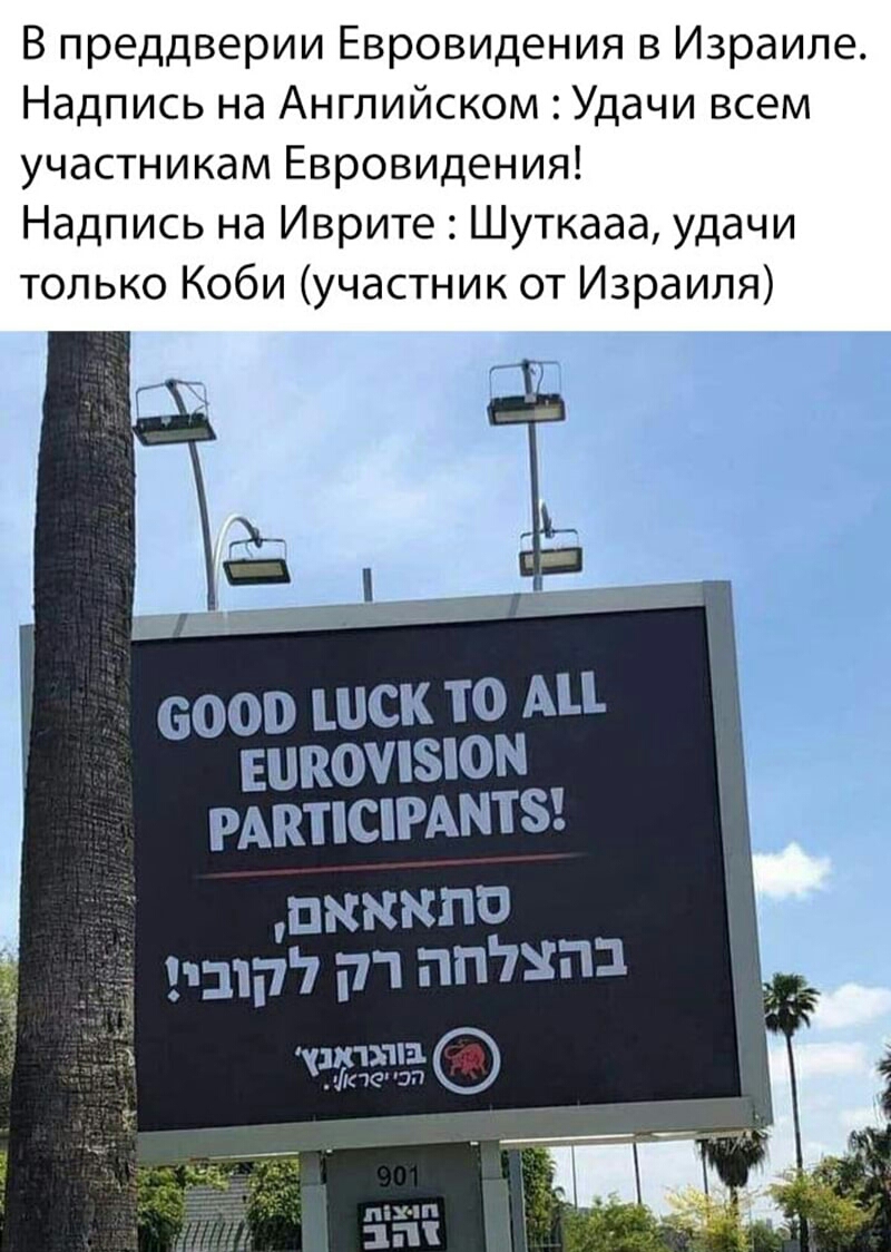 В преддверии Евровидения в Израиле Надпись на Английском Удачи всем участникам Евровидения Надпись на Иврите Шуткааа удачи только Коби участник от Израиля 6000 ШСК ТО АЦ ЕШЮЩЗЮН РАКПСПАМТЗ _ пккнпп дп гп ппшп 13113 О Мкк эп