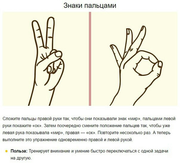 Знаки пальцами СЛОЖИГе ПаПЬЦЫ правой РУКИ ТЭК ЧУОЁЫ ОНИ ОКБЗЫВЗПИ знак мир пальцами пеной руки покажите он Затем поочередно смените положение пвпьцев тк чтобы уже левая рука показывапа мир правая ок Повторите несокппько раз А теперь выполните это упражнение одновременно правой и левои рукой Пппыа тренирует внимание и умение быстро переключаться с одной задачи 5 другЮ