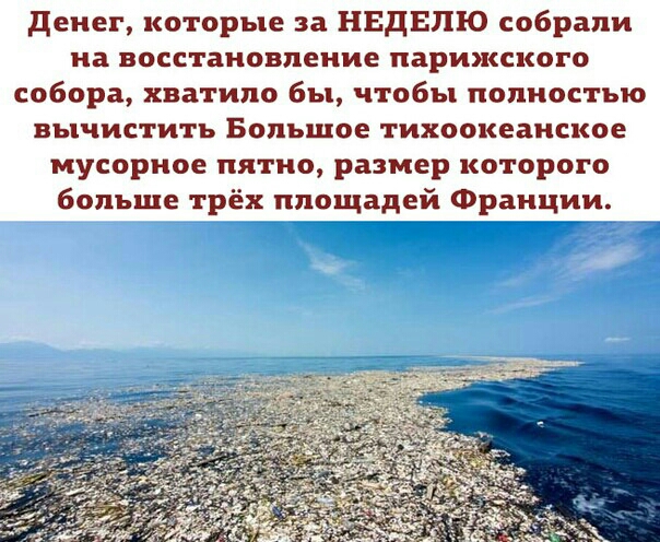 денег которые за НЕДЕЛЮ собрали на восстановление парижского собора хватило бы чтобы полностью вычистить Большое тихоокеанское мусорное пятно размер которого больше трёх площадей Франции