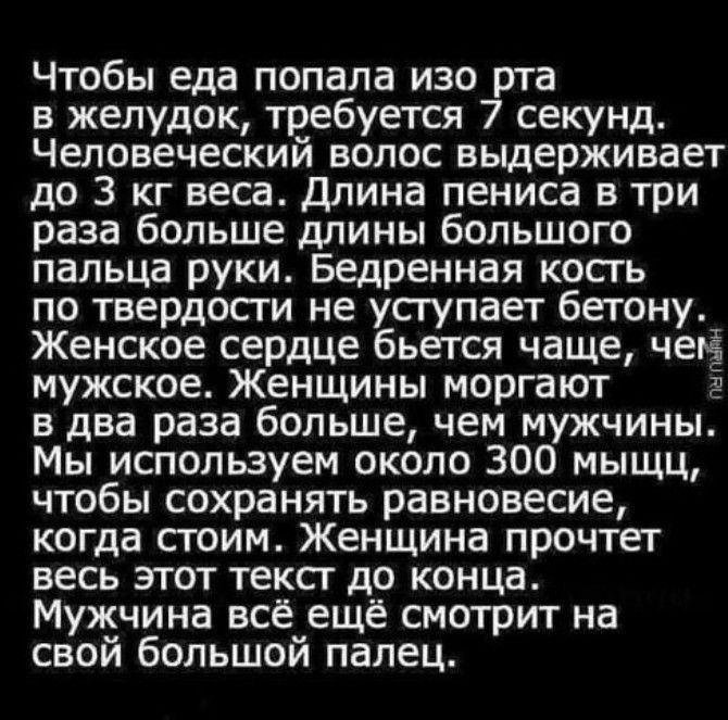 Чтобы еда попала изо рта в желудок требуется 7 секунд Человеческий волос выдерживает до 3 кг веса длина пениса в три раза больше длины большого пальца руки Бедренная кость по твердости не уступает бетону Женское сердце бьется чаще чен мужское Женщины моргают в два раза больше чем мужчины Мы используем около 300 мыщц чтобы сохранять равновесие когда стоим Женщина прочтет весь этот текст до конца Му