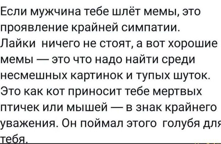 Еспи мужчина тебе шпёт мемы это проявление крайней симпатии Лайки ничего не стоят 3 вот хорошие мемы это что надо найти среди несмешных картинок и тупых шуток Это как кот приносит тебе мертвых птичек или мышей в знак крайнего уважения Он поймал этого голубя дп ибн