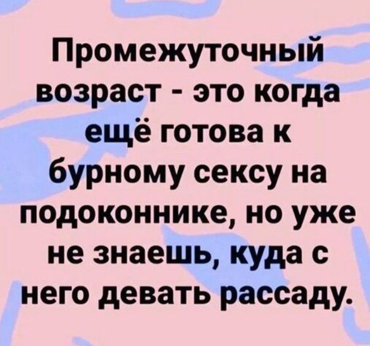 Промежуточный возраст это когда ещё готова к бурному сексу на подоконнике но уже не знаешь куда с него девать рассаду
