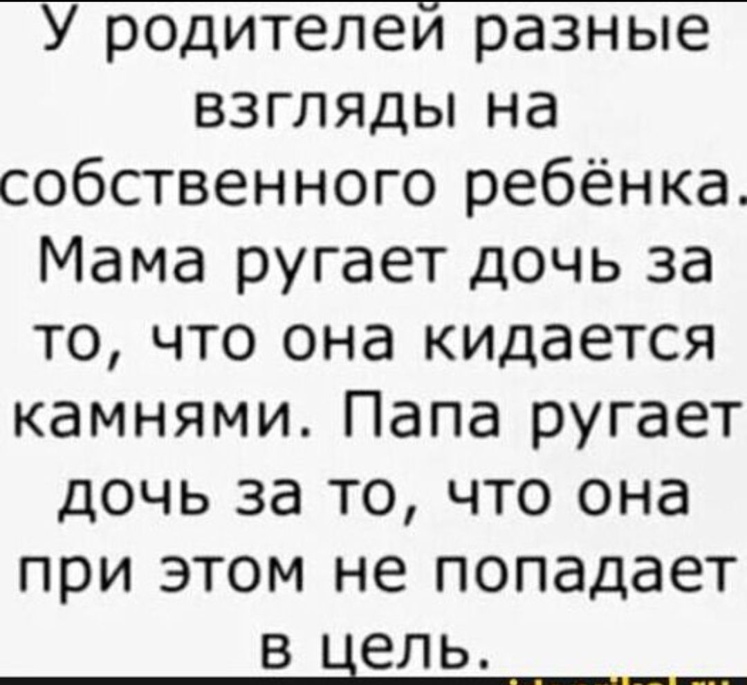 У родителей разные взгляды на собственного ребёнка Мама ругает дочь за то что она кидается камнями Папа ругает дочь за то что она при этом не попадает В ЦЕЛЬ