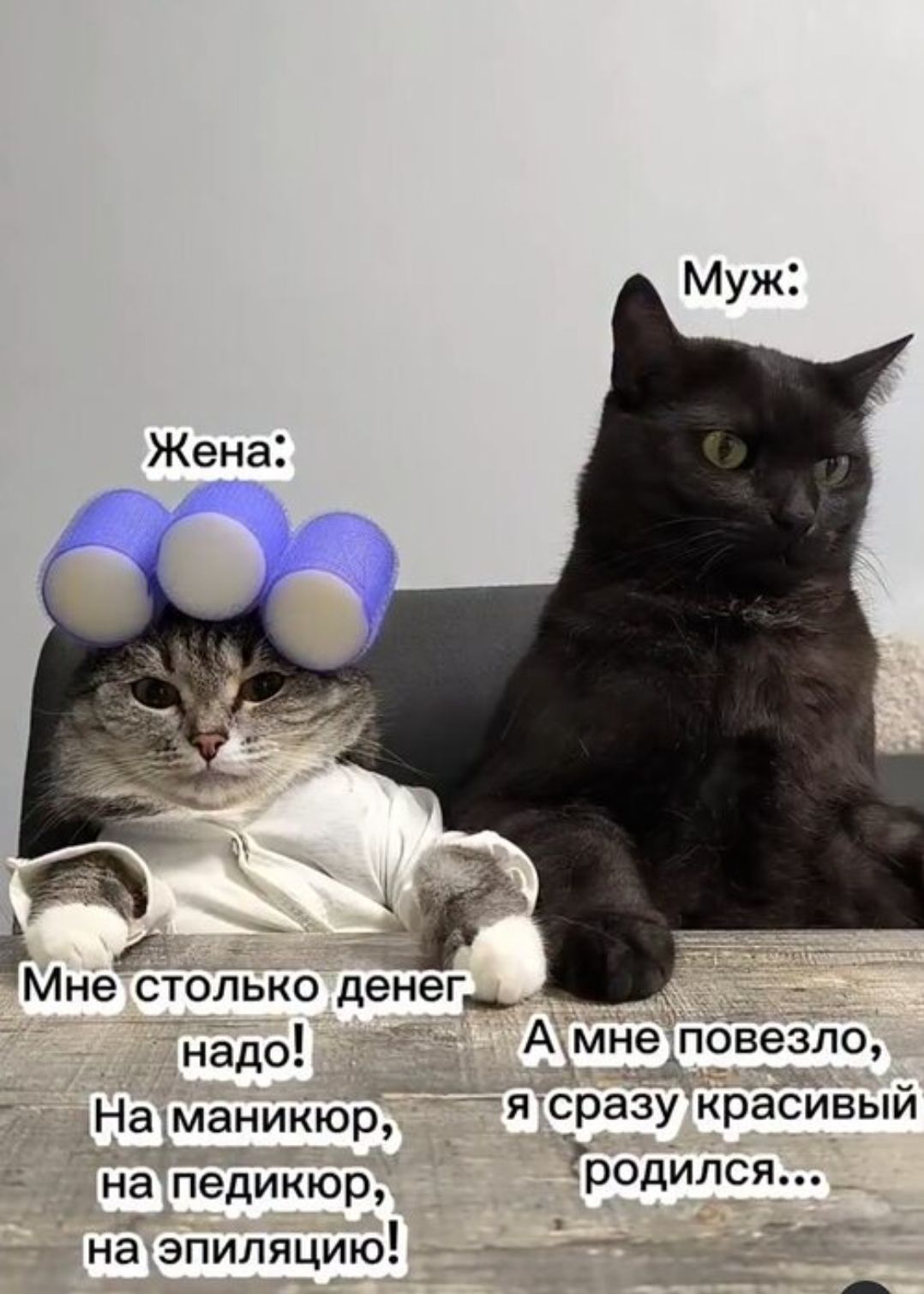 Жена: Мне столько денег надо! На маникюр, на педикюр, на эпиляцию! Муж: А мне повезло, я сразу красивый родился...