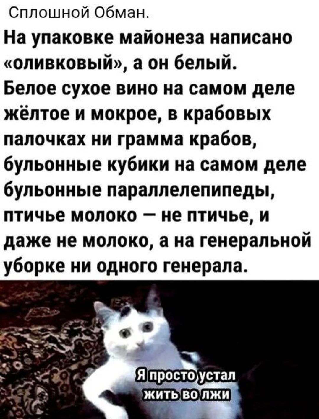 Сплошной Обман. На упаковке майонеза написано «оливковый», а он белый. Белое сухое вино на самом деле жёлтое и мокрое, в крабовых палочках ни грамма крабов, бульонные кубики на самом деле бульонные параллелепипеды, птичье молоко — не птичье, и даже не молоко, а на генеральной уборке ни одного генерала. Я просто устал жить во лжи