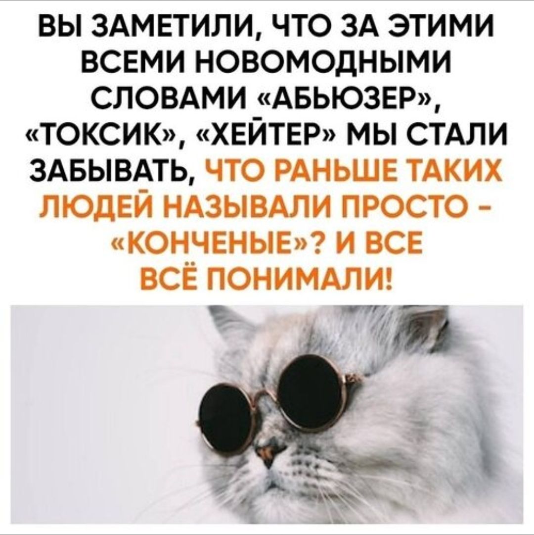 ВЫ ЗАМЕТИЛИ, ЧТО ЗА ЭТИМИ ВСЕМИ НОВОМОДНЫМИ СЛОВАМИ «АБЬЮЗЕР», «ТОКСИК», «ХЕЙТЕР» МЫ СТАЛИ ЗАБЫВАТЬ, ЧТО РАНЬШЕ ТАКИХ ЛЮДЕЙ НАЗЫВАЛИ ПРОСТО - «КОНЧЕНЫЕ»? И ВСЁ ВСЁ ПОНИМАЛИ!
