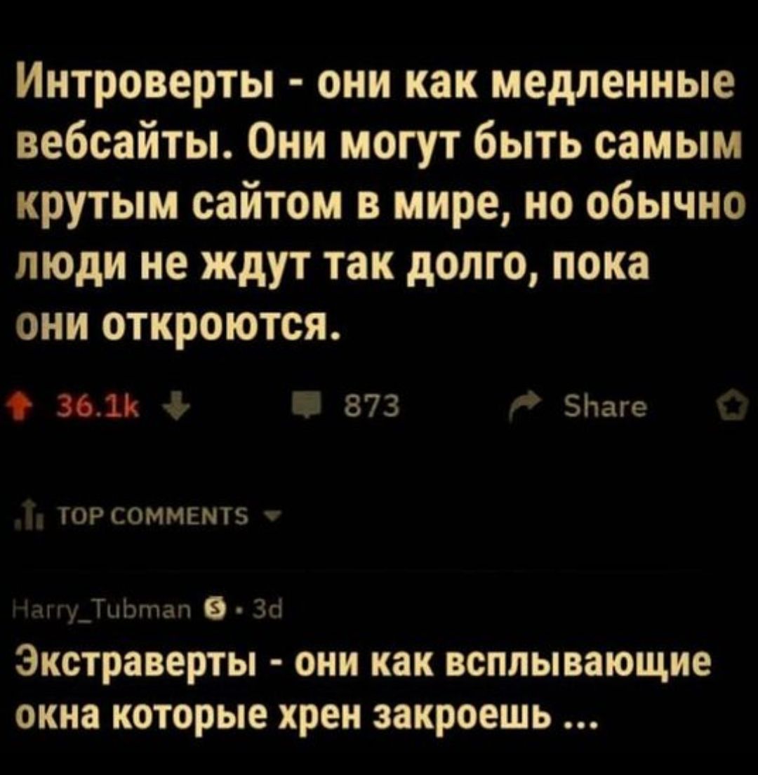 Интроверты - они как медленные вебсайты. Они могут быть самым крутым сайтом в мире, но обычно люди не ждут так долго, пока они откроются. Экстраверты - они как всплывающие окна которые хрен закроешь ...