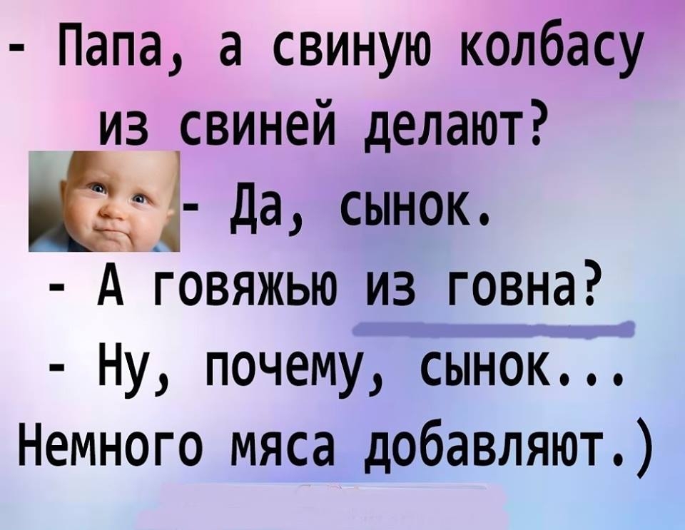 Папа а свиную колбасу из свиней делают до Да сынок А говяжью из говна Ну почему сынок Немного мяса добавляют