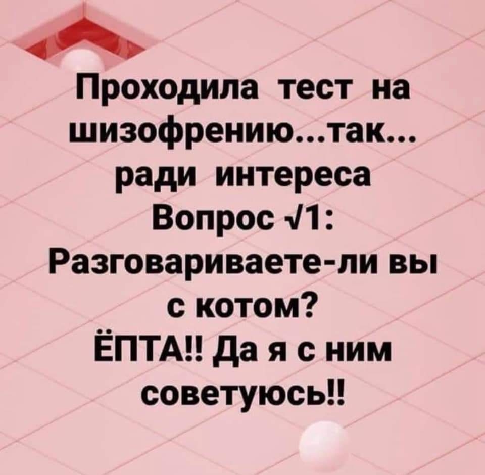 Проходила тест на шизофрениютак ради интереса Вопрос 11 Разговариваете ли вы с котом ЁПТА да я с ним советуюсь