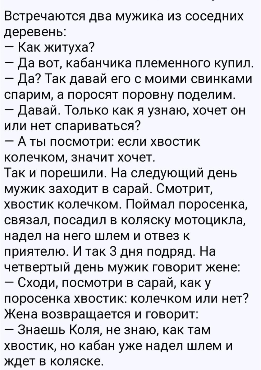 Встречаются два мужика из соседних деревень Как житуха Да вот кабанчика племенного купил Да Так давай его с моими свинками спарим а поросят поровну поделим Давай Только как я узнаю хочет он или нет спариваться А ты посмотри если хвостик колечком значит хочет Так и порешили На следующий день мужик заходит в сарай Смотрит хвостик колечком Поймал поросенка связал посадил в коляску мотоцикла надел на 