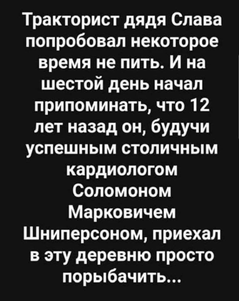 Тракторист дядя Слава попробовал некоторое время не пить И на шестой день начал припоминать что 12 лет назад он будучи успешным столичным кардиологом Соломоном Марковичем Шниперсоном приехал в эту деревню просто порыбачить