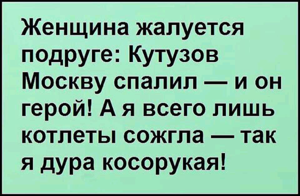 Женщина жалуется подруге Кутузов Москву спалил и он герой А я всего лишь котлеты сожгла так я дура косорукая