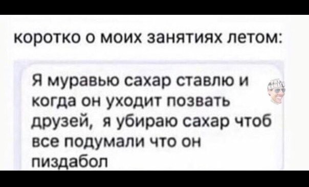 коротко О МОИХ ЗЗНЯТИЯХ ЛЕТОМ Я муравыо сахар ставлю и когда он уходит позвать друзей я убираю сахар чтоб все подумали что он пиздабоп