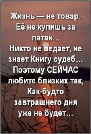 Жизнь не товар Её не купишь за пятак Никто неЁедает не знает Книгу судеб Поэтому СЕЙЧАС любите близких так Как будто завтрашнего дня уже не будет