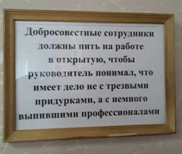 Добросовосгиые сотрудники должны пить на работе в открытую чтобы руководитель понимял что имеет дело не с тре выми прщурками с немного выпившими профессионалы