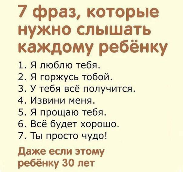 7 фраз которые нужно слышать каждому ребёнку 1 Я люблю тебя 2 Я горжусь тобой 3 У тебя всё получится 4 Извини меня 5 Я прощаю тебя 6 Всё будет хорошо 7 Ты просто чудо Даже если этому ребёнку 30 лет