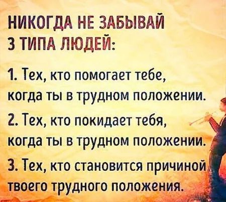 НИКОГДА НЕ ЗАБЫВАЙ 3 ТИПА ЛЮДЕЙ 1 Тех кто помогает тебе когда ты в трудном положении 1 2 Тех кто покидает тебя Тех