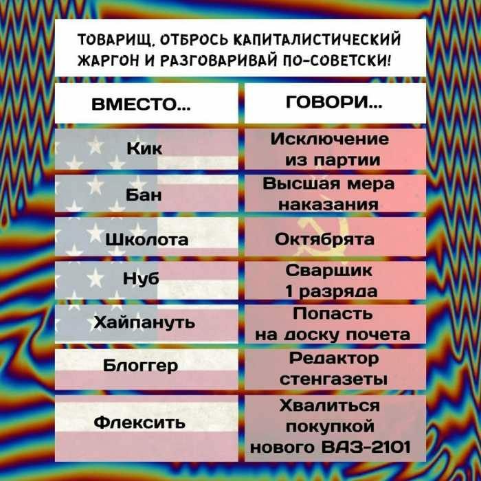 ууушп у ТОВАРИЩ ОТБРОСЬ КАПИТАЛИСТИЧЕСКИЙ ЖАРГОН и РАЗГОВАРИВАЙ ПОСОВЕТСКИ _ _ вместо говори Кик Исключение ч Ч ААА из партии Высшая мера Баг наказани_ Шкопота Октябрята ч Ч ГНУ Сварщик 1 аз яда __Щ _ Хайпануть Попасть ___ На ищу почета Блоггер Редактор стенгазеты _ Хвапиться Фпексить покупкой _ нового вяз 2101 2 А А А А