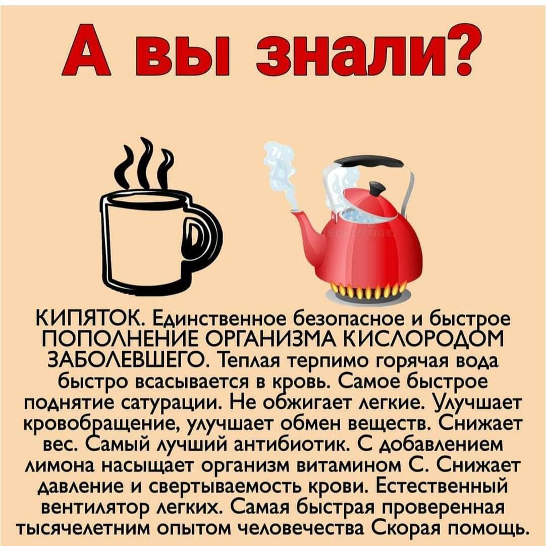 А вы знали КИПЯТОК Единственное безопасное и быст ое ПОПОАНЕНИЕ ОРГАНИЗМА КИСАОРОА М ЗАБОАЕВШЕГО ТеПАая терпимо горячая вода быстро всасывается в к овь Самое быстрое поднятие сатурации Не о жигает Аегкие УАучшает кровоб ащение уАучшает обмен веществ Снижает вес амый Аучший антибиотик С добаВАением Аимона насыщает организм витамином С Снижает мнение и свертываемость крови Естественный вентимтор Аег