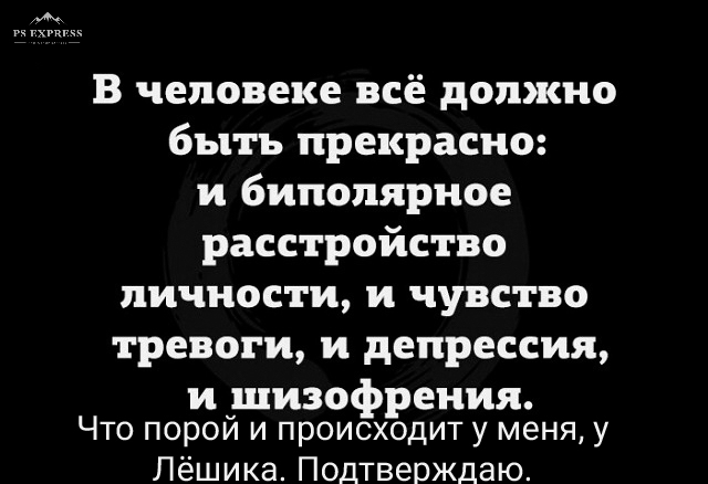 В человеке всё должно быть прекрасно и биполярное расстройство личности и чувство тревоги и депрессия и шизофрения Что порой и происходит у меня у Лёшика Подтверждаю