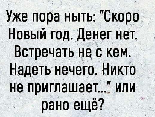 Уже пора ныть Скоро Новый год Денег нет Встречать не с кем Надеть нечего Никто не приглашает или рано ещё