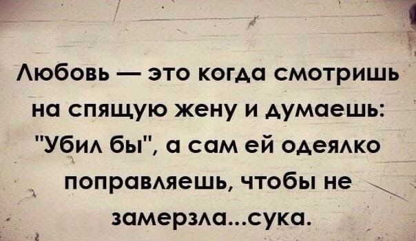 Аюбовь это когда смотришь на спящую жену и думаешь УбИА бы а сам ей одеяАко поправмешь чтобы не замерзАасука