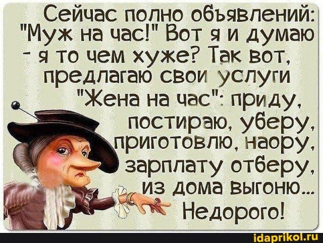 Сейчас потно объявлений Муж на час Вот я и думаю я то чем хуже Так вот предлагаю свои услуги Жена на час приду постираю уберу приготовлю наору из дома выгоню Ж Недорого