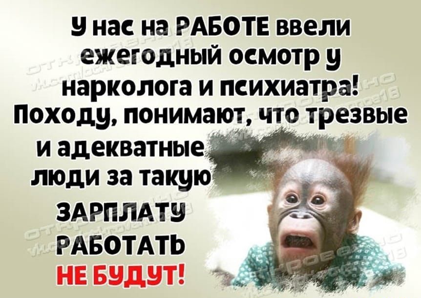 9 нас на РАБОТЕ ввели ежегодный осмотр у нарколога И психиатра Походу ПОНИМЗЮТ ЧТО трезвые И адекватные ЛЮДИ за такую ЗАРПЛАТЕ РАБОТАТЬ _