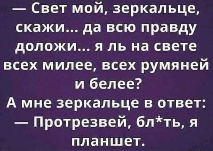 Свет мой зеркальце скажи да всю правду доложи я ль на свете всех милее всех румяней и белее А мне зеркальце в ответ Протрезвей блть я планшет