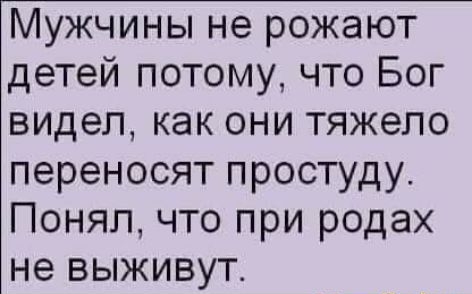 Мужчины не рожают детей потому что Бог видел как они тяжело переносят простуду Понял что при родах не выживут