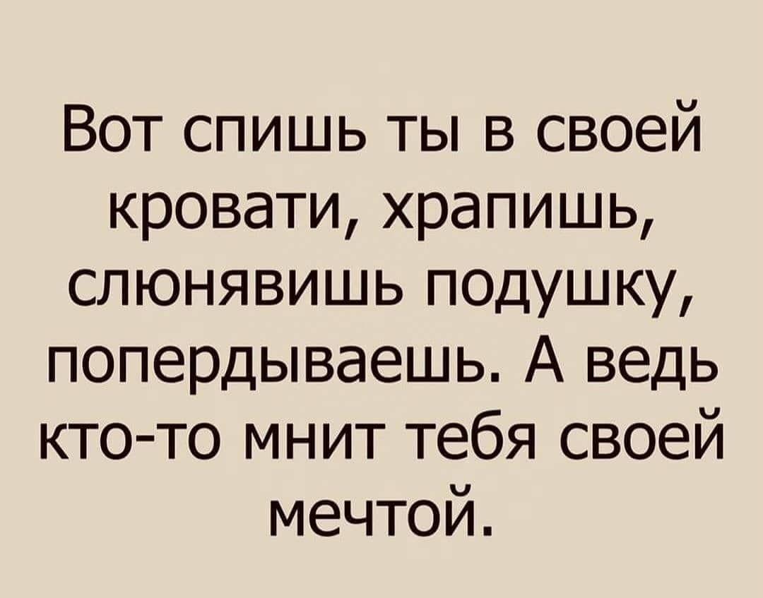 Вот спишь ты в своей кровати храпишь слюнявишь подушку попердываешь А ведь кто то мнит тебя своей мечтой