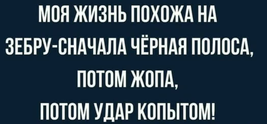 МОЯ ЖИЗНЬ ПОХОЖА НА ЗЕБРУ ОНАЧАЛА ЧЁРНАЯ ПОЛООА ПОТОМ ЖОПА ПОТОМ УДАР КОПЫТОМ