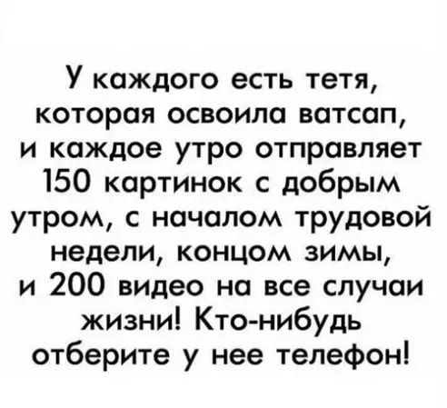 У каждого есть тетя которая освоила ватсап и каждое утро отправляет 150 картинок с добрым утром с началом трудовой недели концом зимы и 200 видео на все случаи жизни Кто нибудь отберите у нее телефон