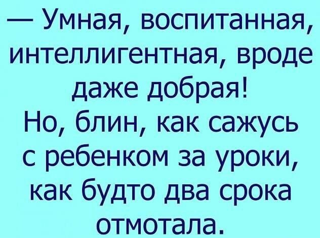 Умная воспитанная интеллигентная вроде даже добрая Но блин как сажусь с ребенком за уроки как будто два срока отмотала