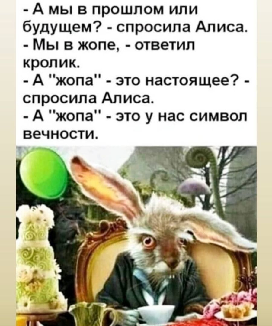 А мы в прошлом или будущем спросила Алиса Мы в жопе ответил кролик А жопа это настоящее спросила Алиса А жопа это у нас символ вечности