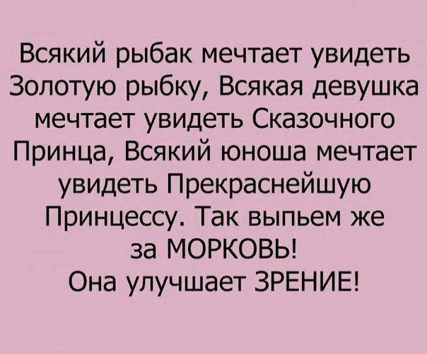 Всякий рыбак мечтает увидеть Золотую рыбку Всякая девушка мечтает увидеть Сказочного Принца Всякий юноша мечтает увидеть Прекраснейшую Принцессу Так выпьем же за МОРКОВЬ Она улучшает ЗРЕНИЕ