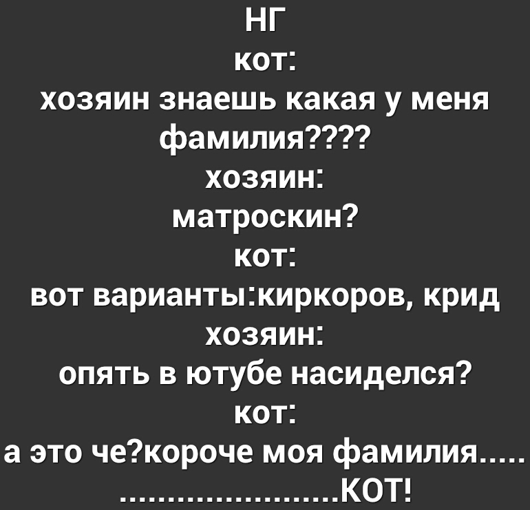 НГ кот хозяин знаешь какая у меня фамилия хозяин матроскин кот вот вариантыкиркоров крИД хозяин опять в ютубе насиделся кот а это чекороче моя фамилия КОТ