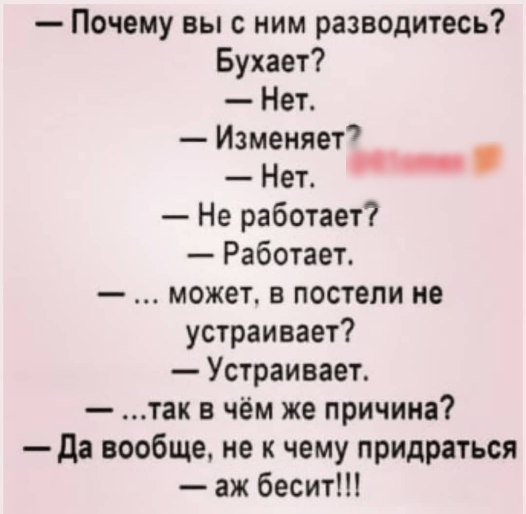 Почему вы с ним разводитесь Бухает Нет Изменяет Нет Не работает Работает может в постели не устраивает Устраивает так в чём же причина да вообще не к чему придраться аж бесит