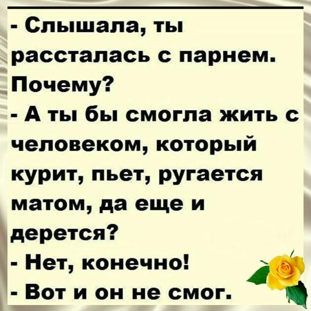 Слышала ты рассталась с парнем Почему А ты бы смогла жить с человеком который курит пьет ругается матом да еще и дерется Нет конечно _Вот и он не смог