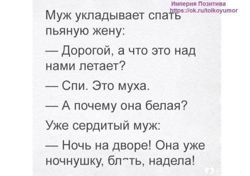 ирии Пишим накпшыиоуитш Муж укладывает спаіъ пьяную жену Дорогой а что это над нами летает Спи Это муха А почему она белая Уже сердитый муж Ночь на дворе Она уже ночнушку бпть надела