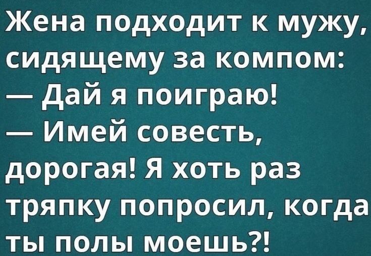 Жена подходит к мужу сидящему за компом дай я поиграю Имей совесть дорогая Я хоть раз тряпку попросил когда ты полы моешь