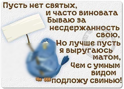 Пусть нет святых и часто виновата Бываю за несдерждннсусть свою Но лучше пусть я выругаюсь матом Чем с умным видом подложу свинью