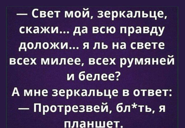 Свет мой зеркальце скажи да всю правду доложи я ль на свете всех милее всех румяней и белее А мне зеркальце в ответ Протрезвей блть я планшет