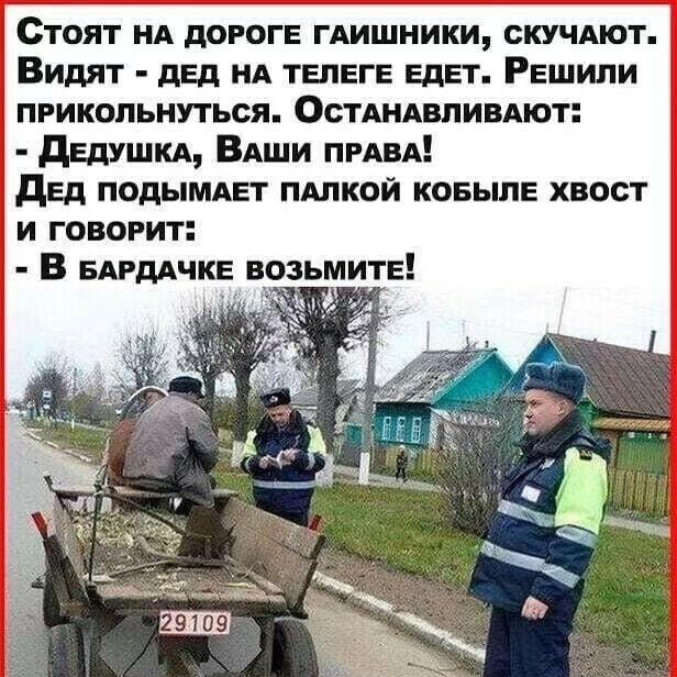 Стоят нд дороге гдишники скучАют Видят двд нА тывгв ЕдЕТ Решили прикольнуться Остдндвпивдют дЕдУШКА ВАши ПРАВА двд подымдвт пдлкой ковылв хвост и говорит В БАРдАчкв возьмите