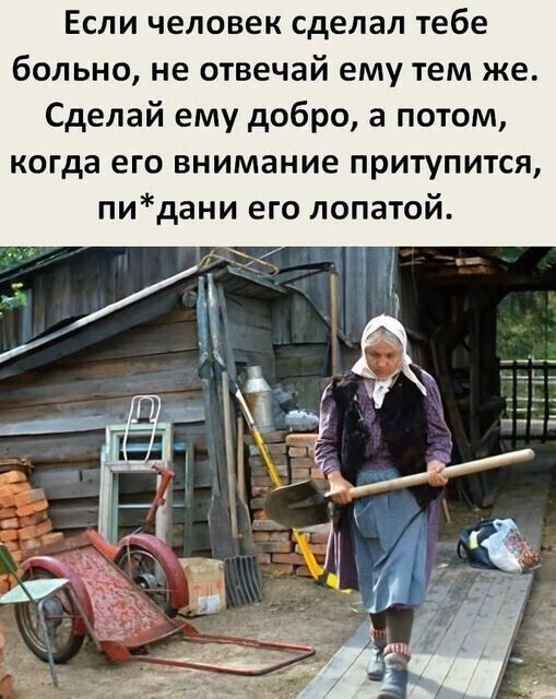 Если человек сделал тебе больно не отвечай ему тем же Сделай ему добро а потом когда его внимание притупится пидани его лопатой