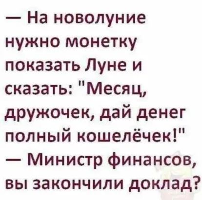 На новолуние нужно монетку показать Луне и сказать Месяц дружочек дай денег полный кошелёчек Министр финансов вы закончили доклад