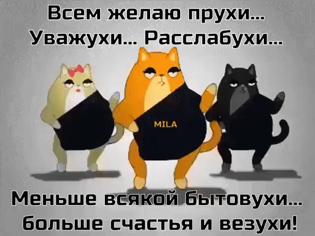 Всем желаю прухи Уважухи Расслабухи дд М еньше ВЁЯ кд ЫйБдьіт овухи БОЛЬШЕ СЧЗСТЬЯ И ВЕЗУХИ